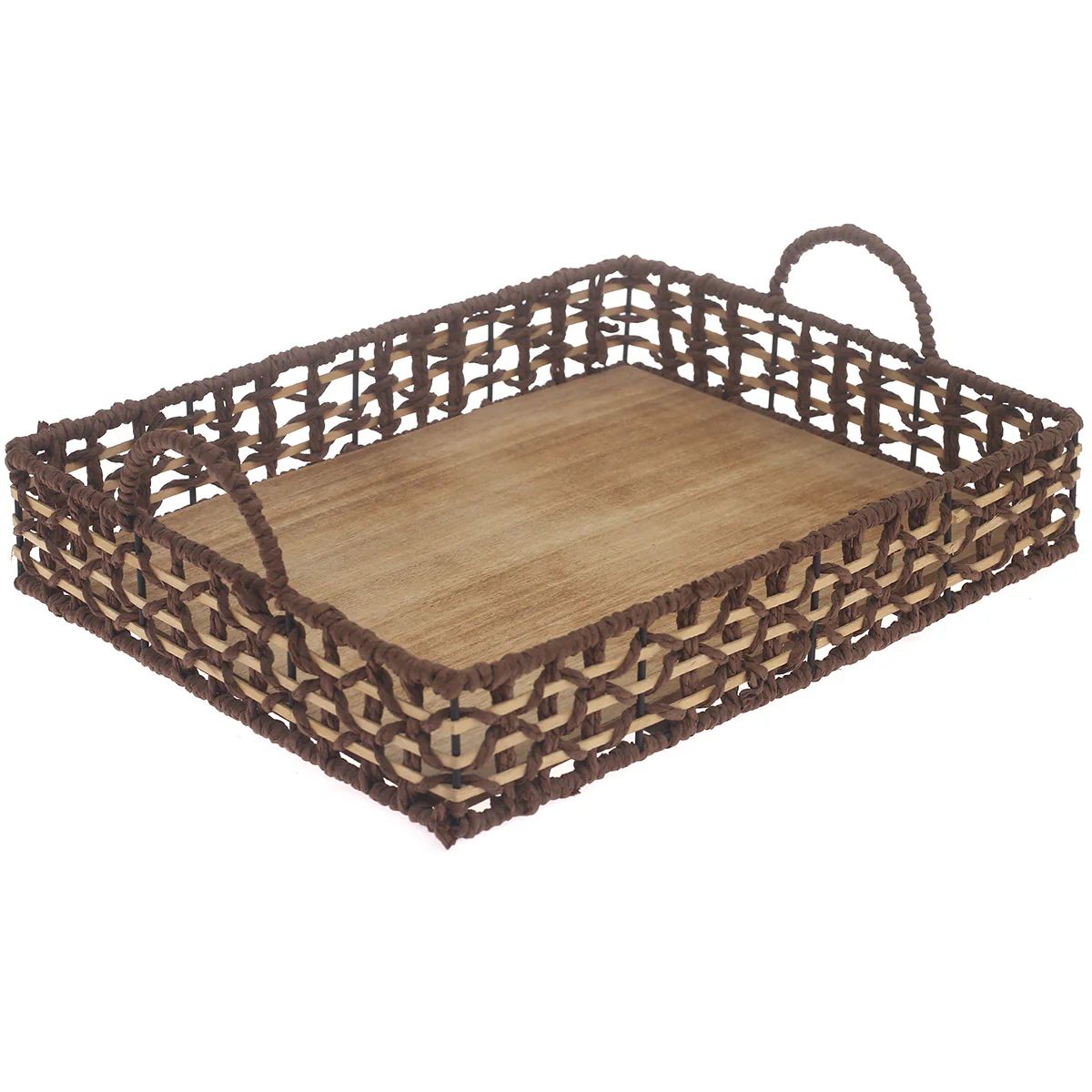 Large Handwoven Brown Decorative Tray with Wooden Base & Handles – 12 x 16 Inch - Image 2