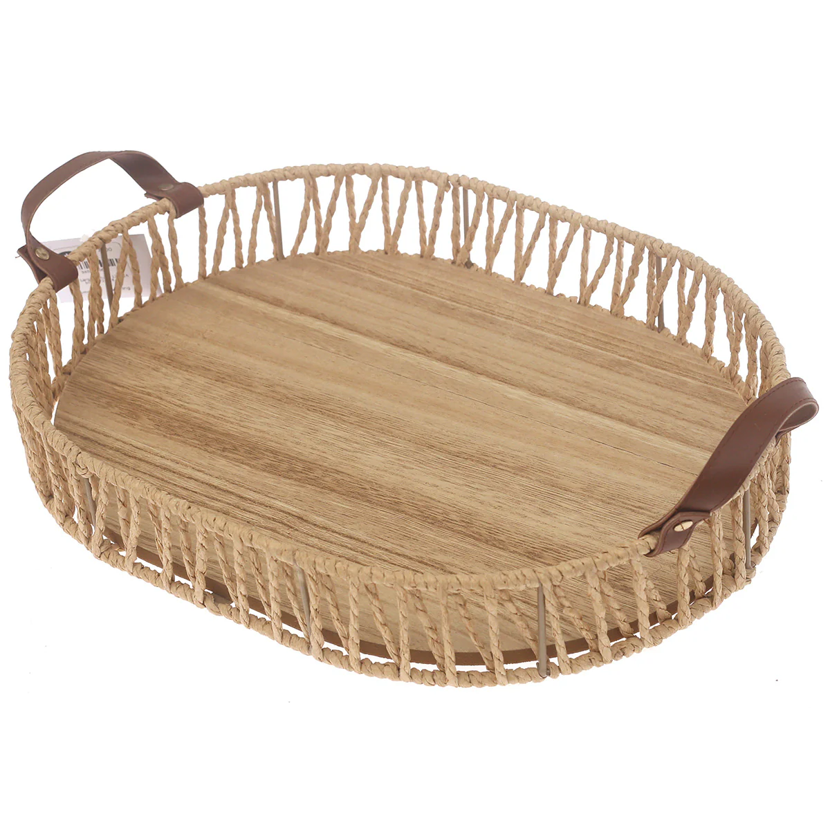 Large Handwoven Natural Decorative Tray with Wooden Base & Leather Handles – 12 x 16 Inch - Image 2