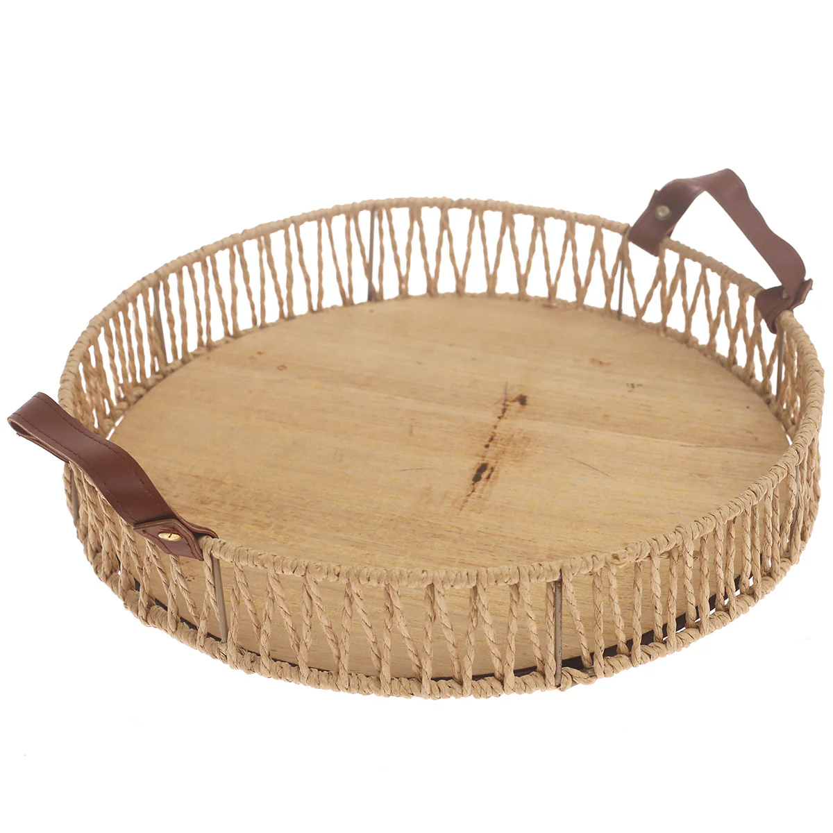 Large Handwoven Natural Decorative Tray with Wooden Base & Leather Handles – 13 Inch - Image 2