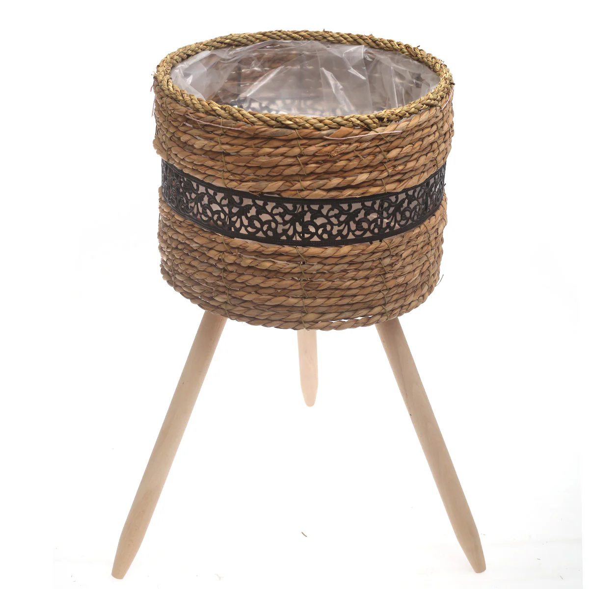 Large Handwoven Natural Fiber Planter with Wooden Stand – Black Accent | 12 x 12 x 9 Inch - Image 2