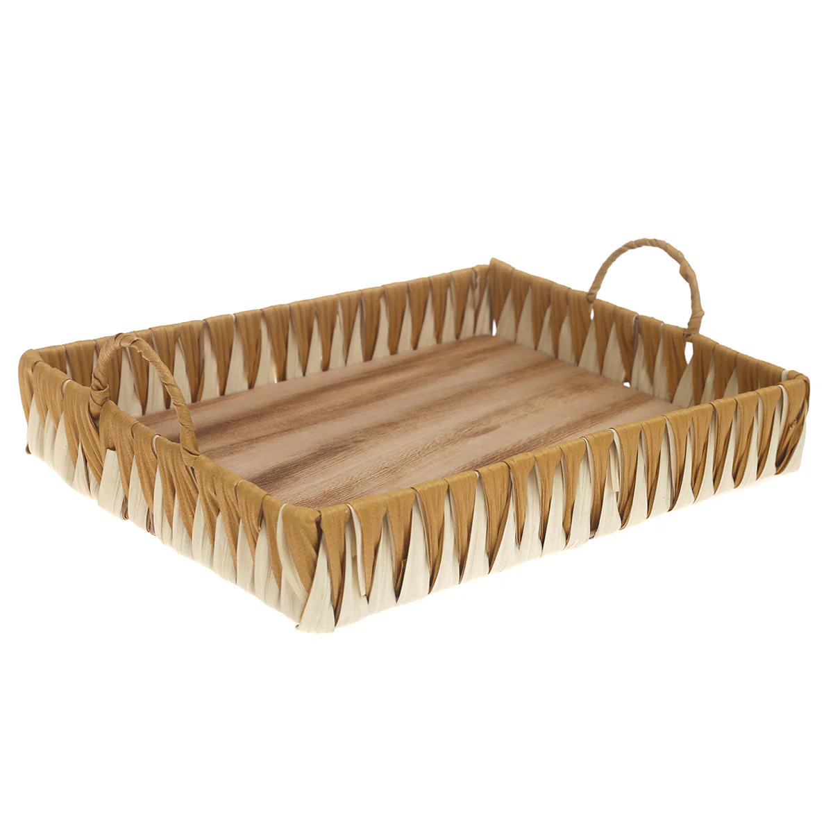 Large Handwoven White & Yellow Decorative Tray with Wooden Base – 12 x 16 Inch - Image 2