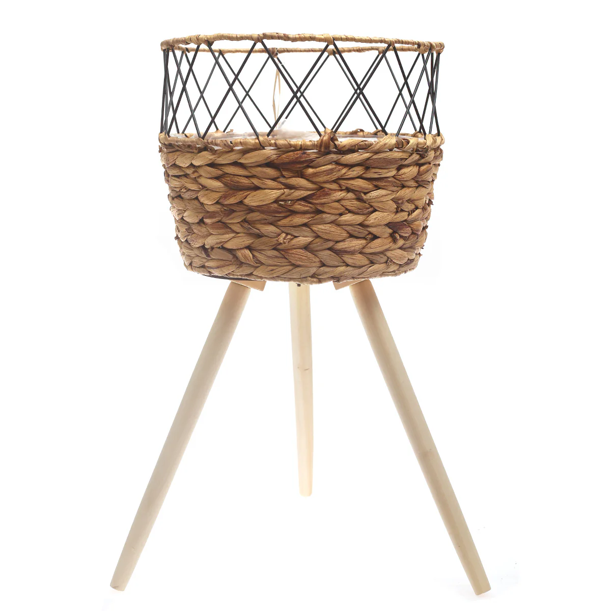 Large Natural Handwoven Planter with Wooden Stand – Open Metal Design | 12 x 12 x 10 Inch - Image 2