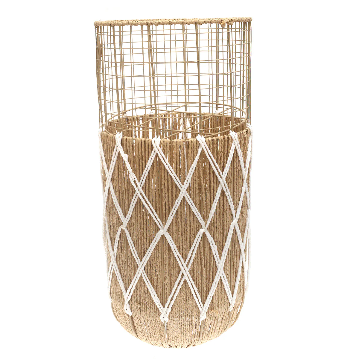 Large White & Natural Metal Wire Vase with Woven Rope Detailing (27 Inch Height) - Image 2