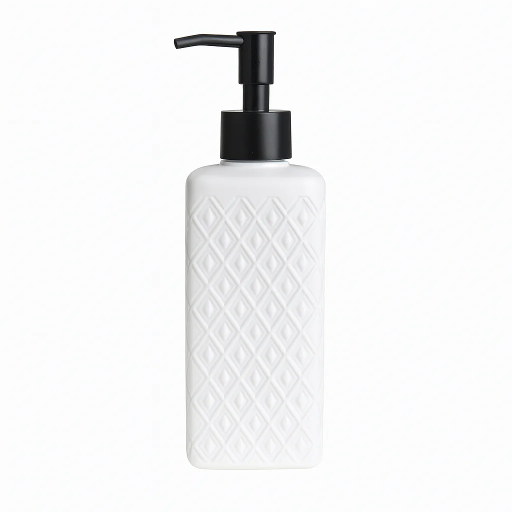 Long White Textured Liquid Soap Dispenser – Durable Plastic Refillable Bottle with Chrome Pump for Bathroom & Kitchen