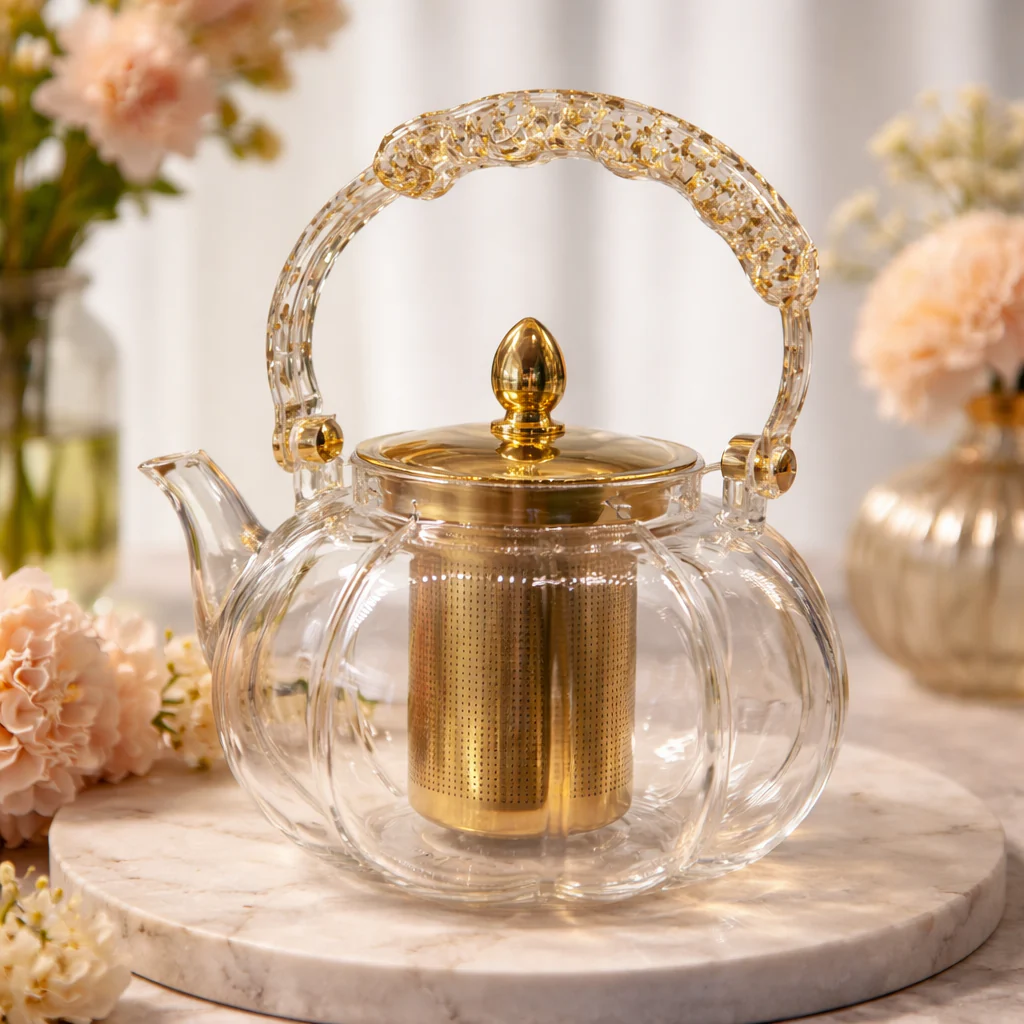 Luxury Glass Kettle – 1.4L & 1.6L Clear Teapot with Gold Infuser & Elegant Handle