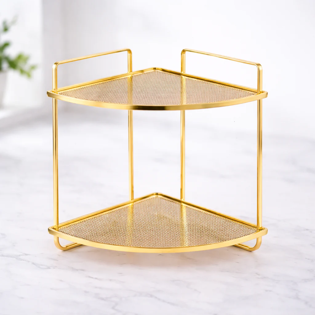 Luxury Gold Corner Organizer – 2-Tier Triangle Storage Rack for Kitchen & Bathroom