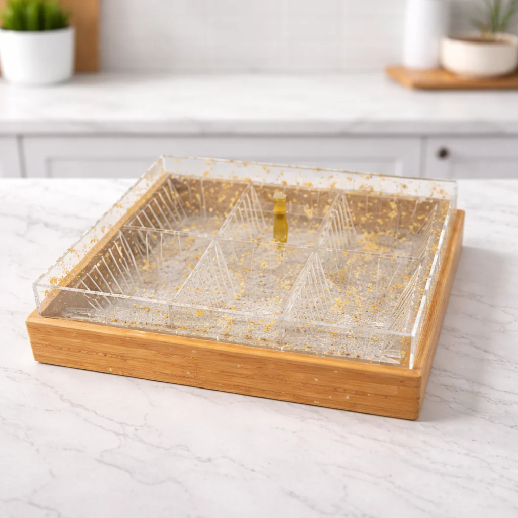 Luxury section Acrylic Dry Fruit Serving Dish with Wooden Base – Elegant Snack & Mithai Tray
