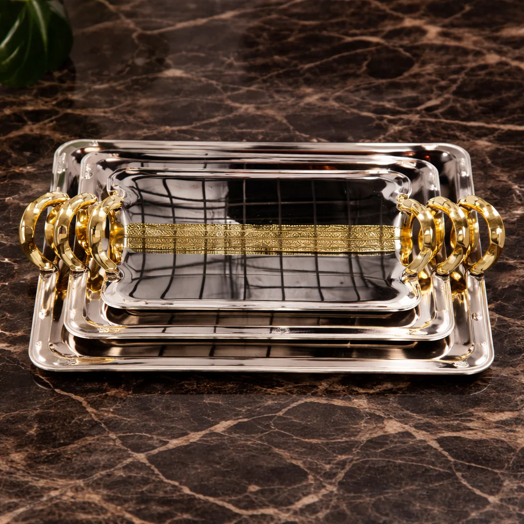 Luxury Tray Set 3PCS – Chrome Finish Serving Trays with Gold Handles