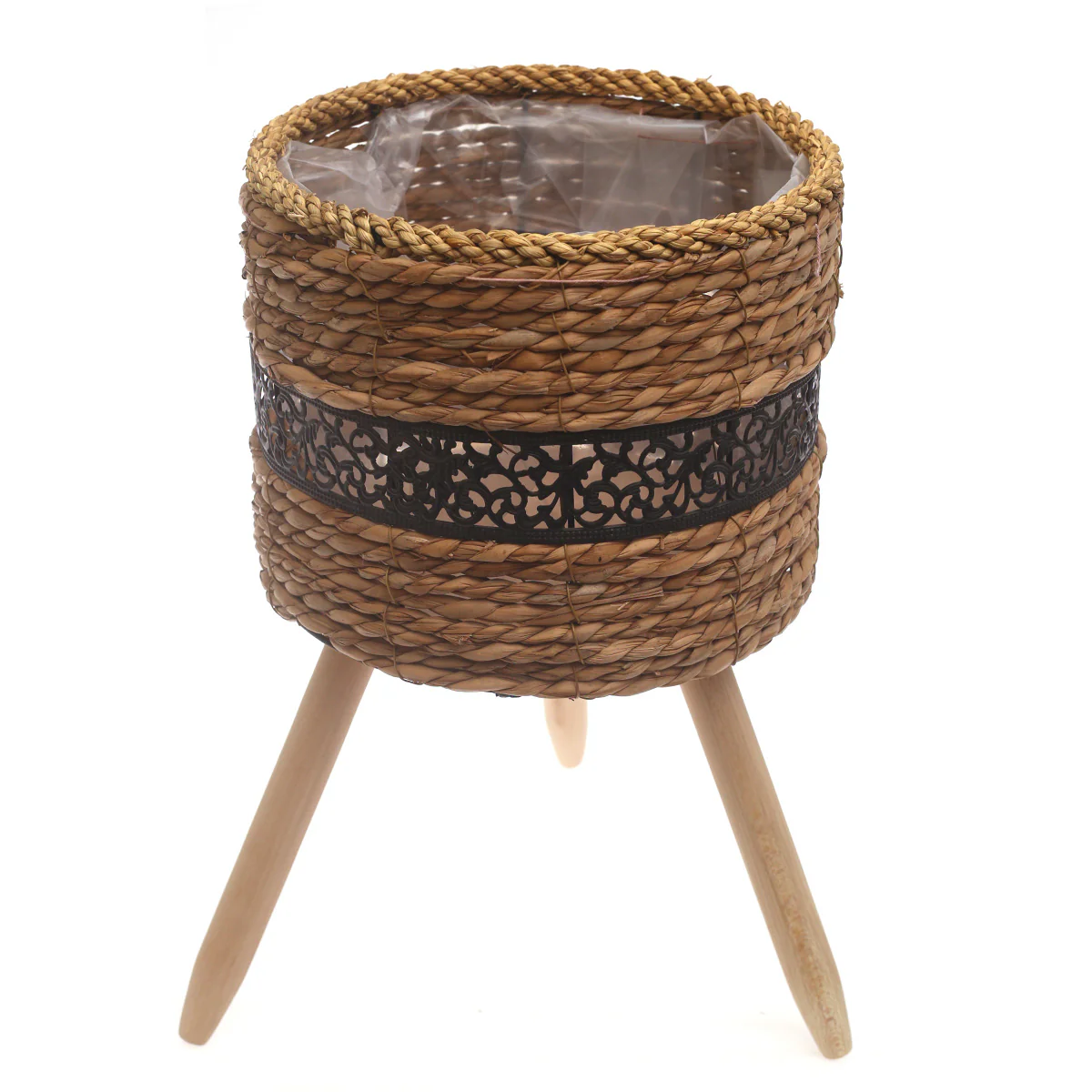 Medium Handwoven Natural Fiber Planter with Wooden Stand – Black Accent | 10 x 10 x 8.5 Inch - Image 2