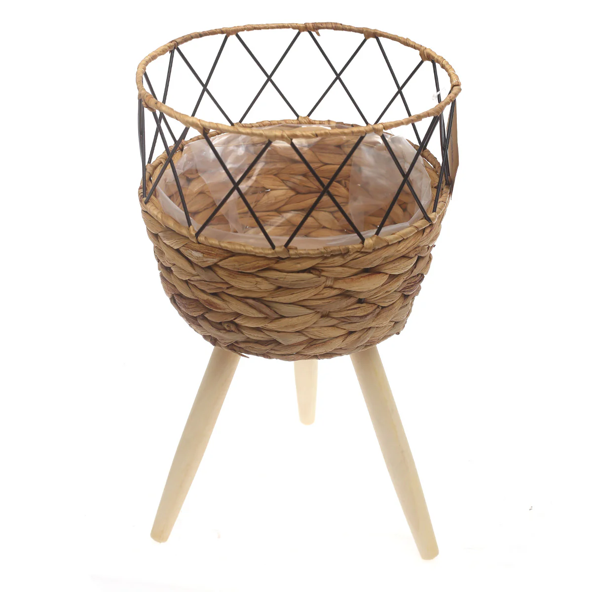 Medium Natural Handwoven Planter with Wooden Stand – Open Metal Design | 10 x 9 Inch - Image 2