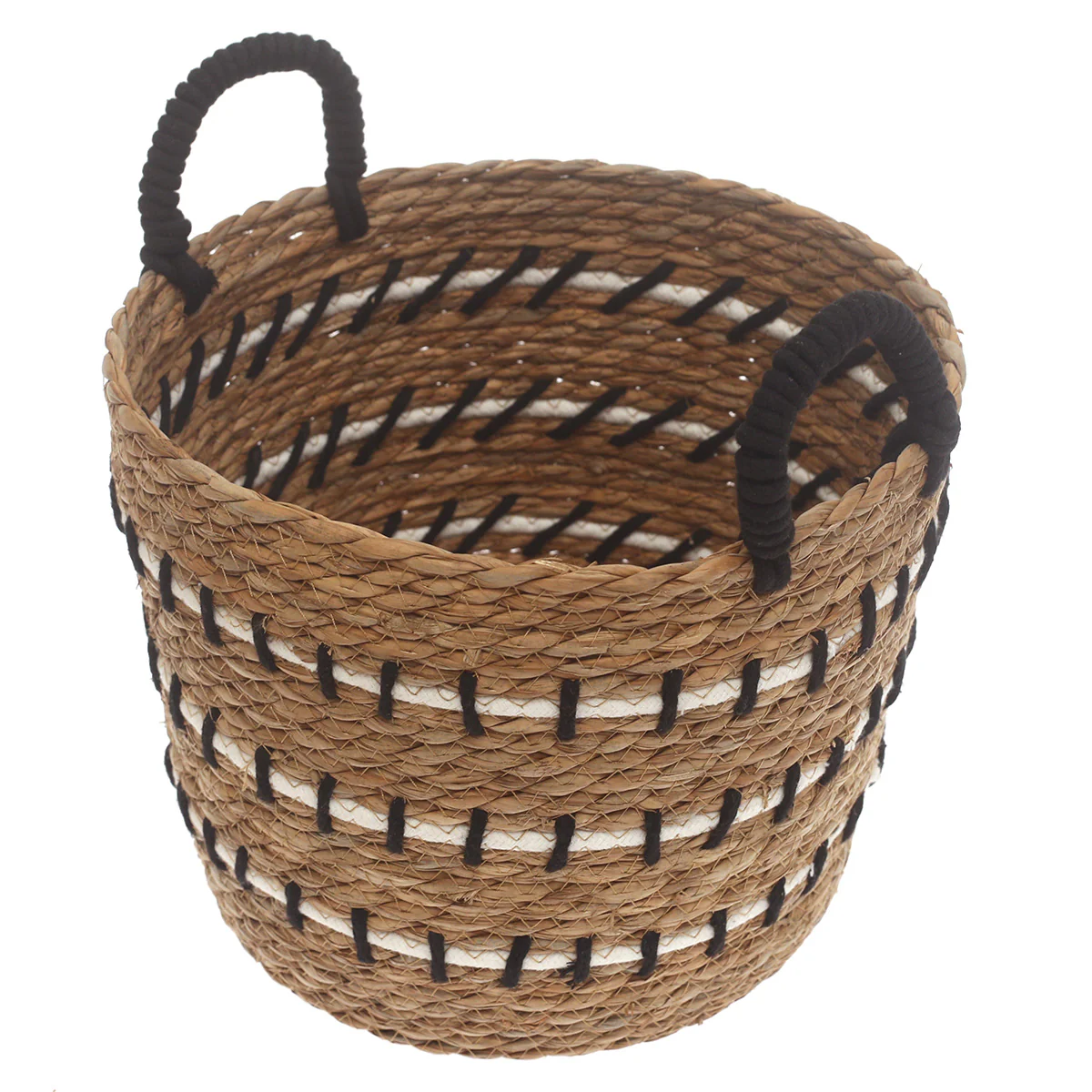 Medium Natural Woven Storage Basket with Black & White Stitch Detail – 12 x 12 x 9.5 Inch - Image 2