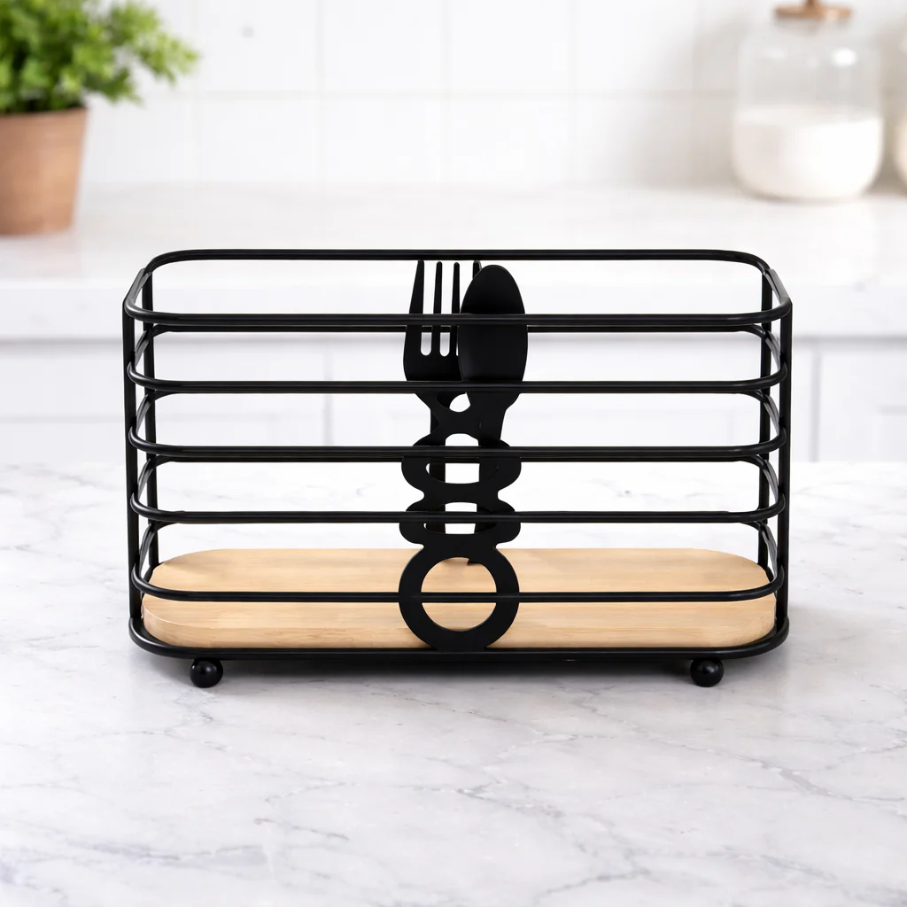 Modern Black Spoon Stand – Decorative Metal Cutlery Holder with Wooden Base