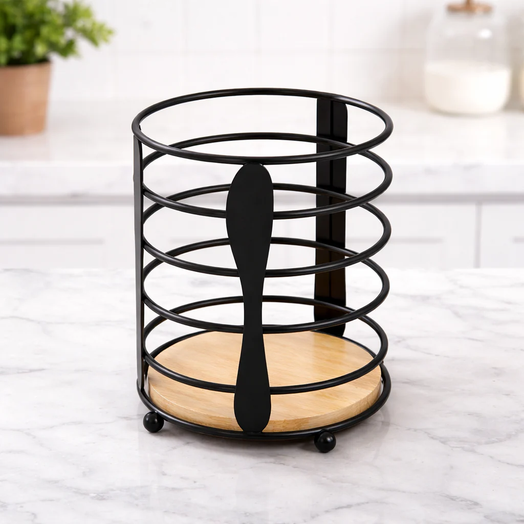 Modern Black Spoon Stand – Metal Cutlery Holder with Wooden Base