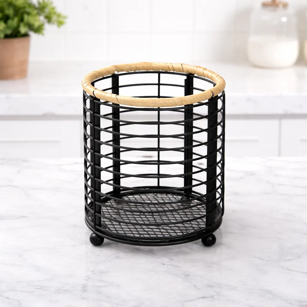 Modern Round Spoon Stand – Black Metal Cutlery Holder with Wooden Rim