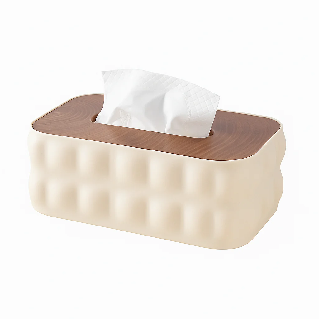 Modern Tissue Box with Wooden-Style Lid – Decorative Napkin Holder for Home, Office & Living Spaces