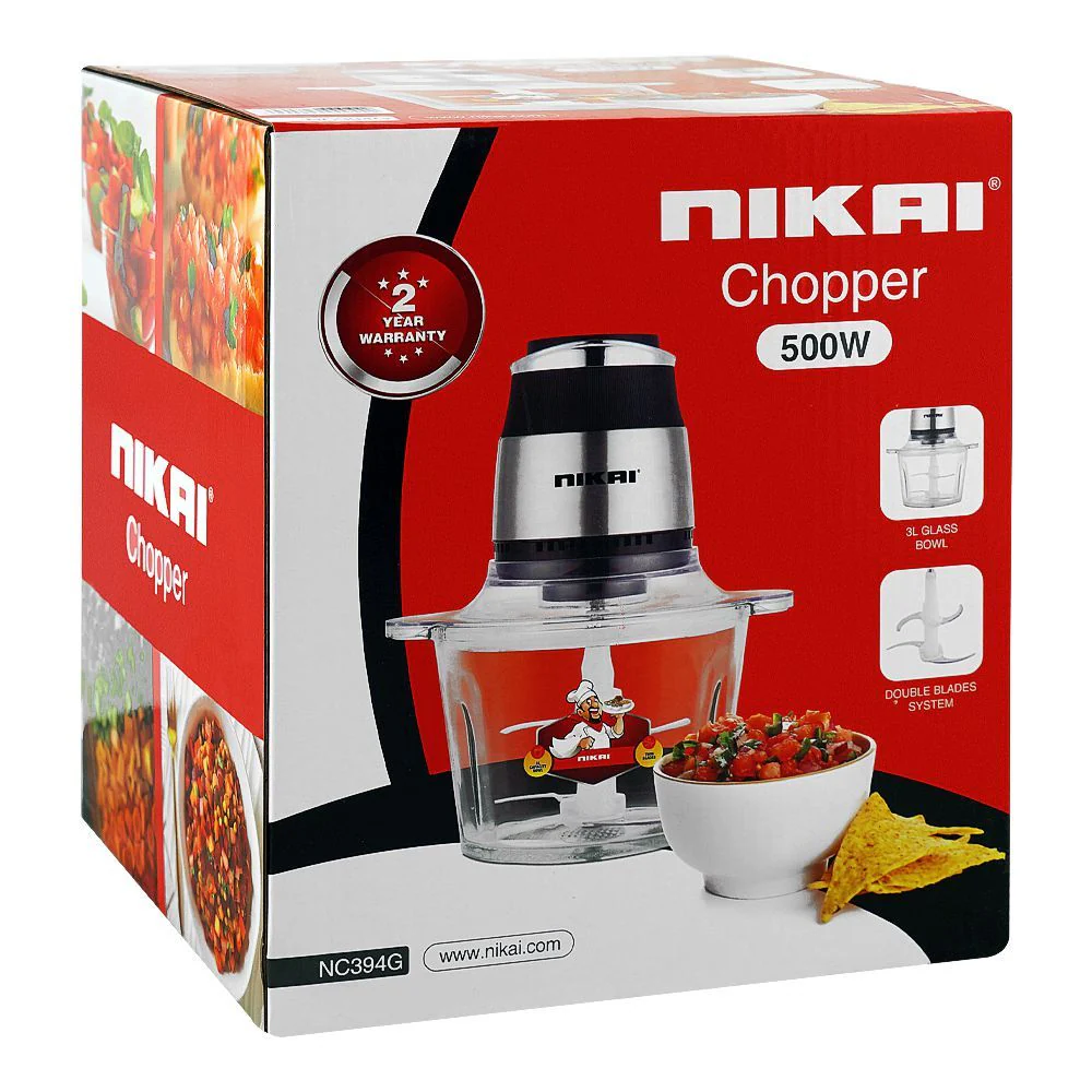 Nikai Electric Food Chopper 500W – 3 Liter Glass Bowl, Powerful Kitchen Chopper (NC394G) - Image 2