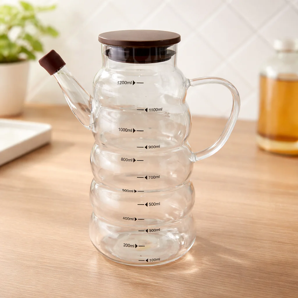 Oil Bottle with Measurement Line – 1200ml Large Capacity Oil Dispenser with Handle & Stainless Steel Lid