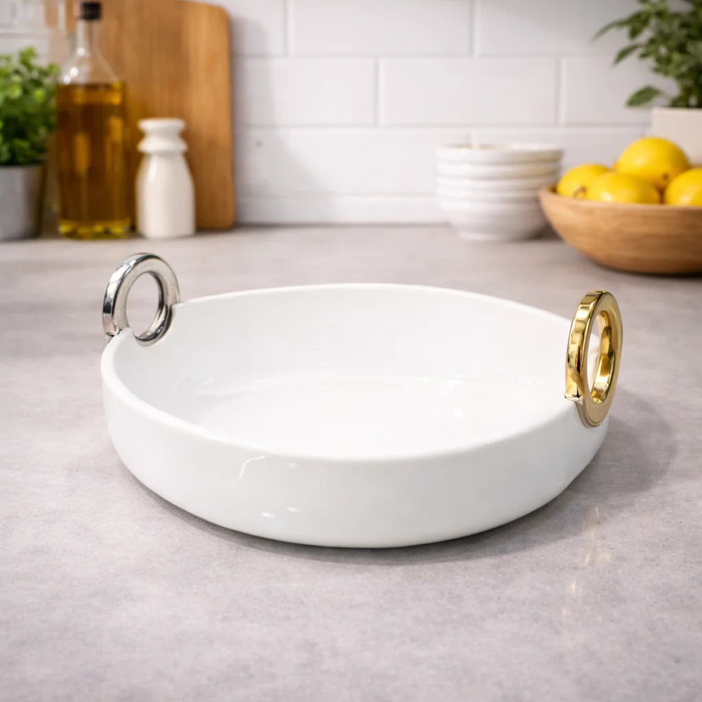Oval Bowl with Golden Handle – Elegant Serving Bowl