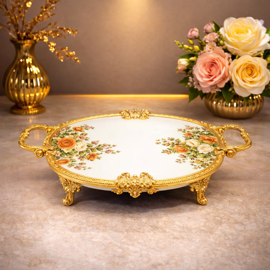 Oval Flat Tray 8C – Elegant Floral Decorative Serving Tray (33x21x6cm)