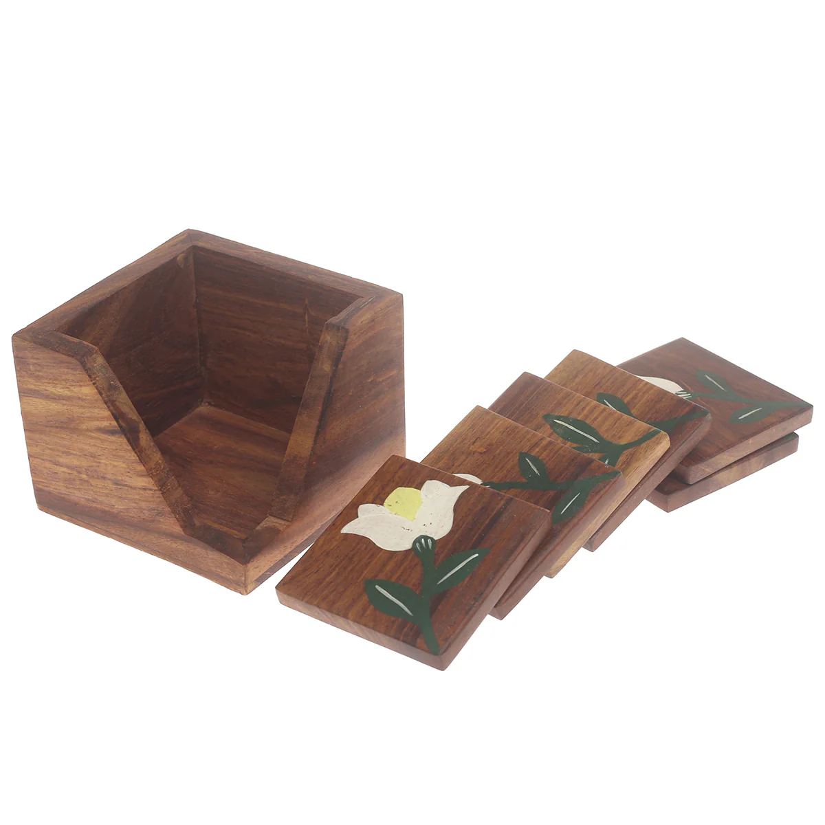 Painted Grain Naqshi Art Coasters – Handcrafted Wooden Coasters with White Flower & Green Leaf (Set of 6) - Image 2