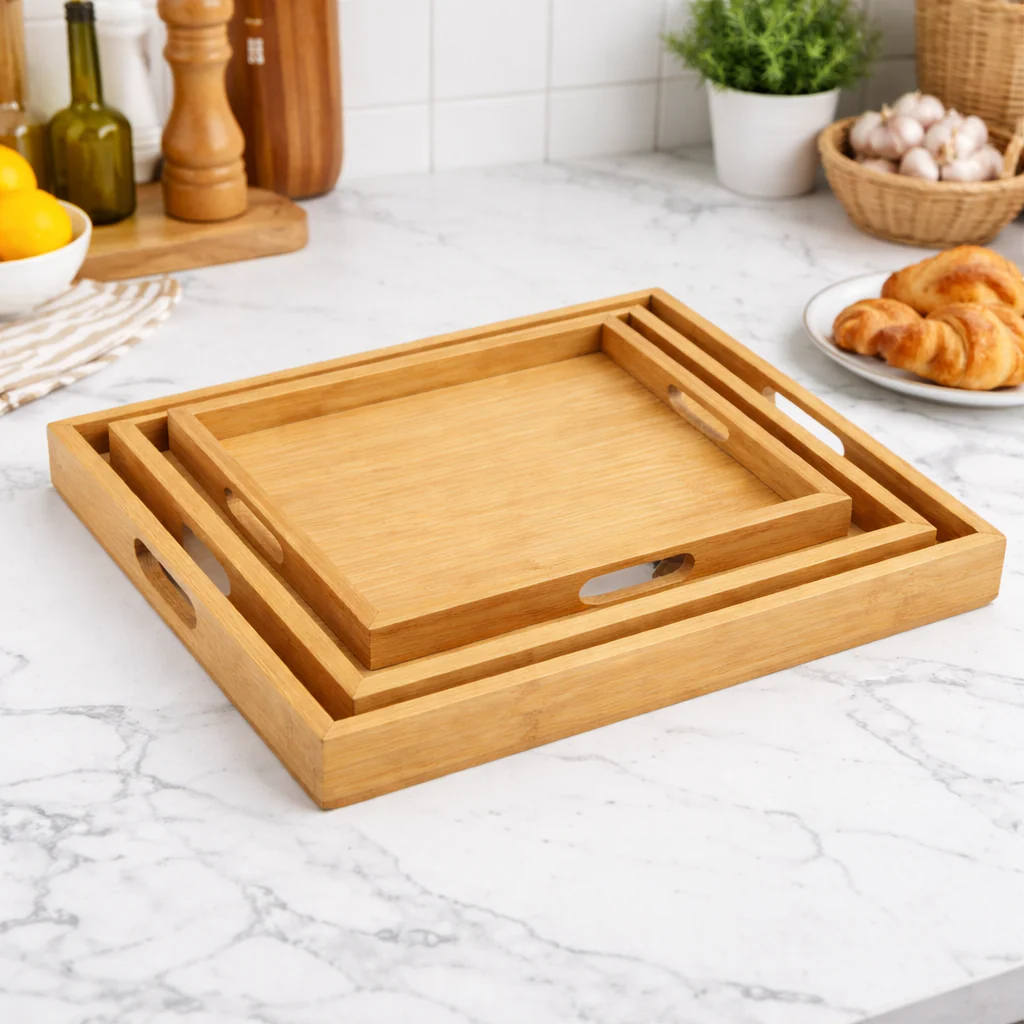 Premium Wooden Serving Tray Set (3 PCS) – Nested Bamboo Trays with Handles for Kitchen, Dining & Home Décor (Light, Dark & Black Variants)