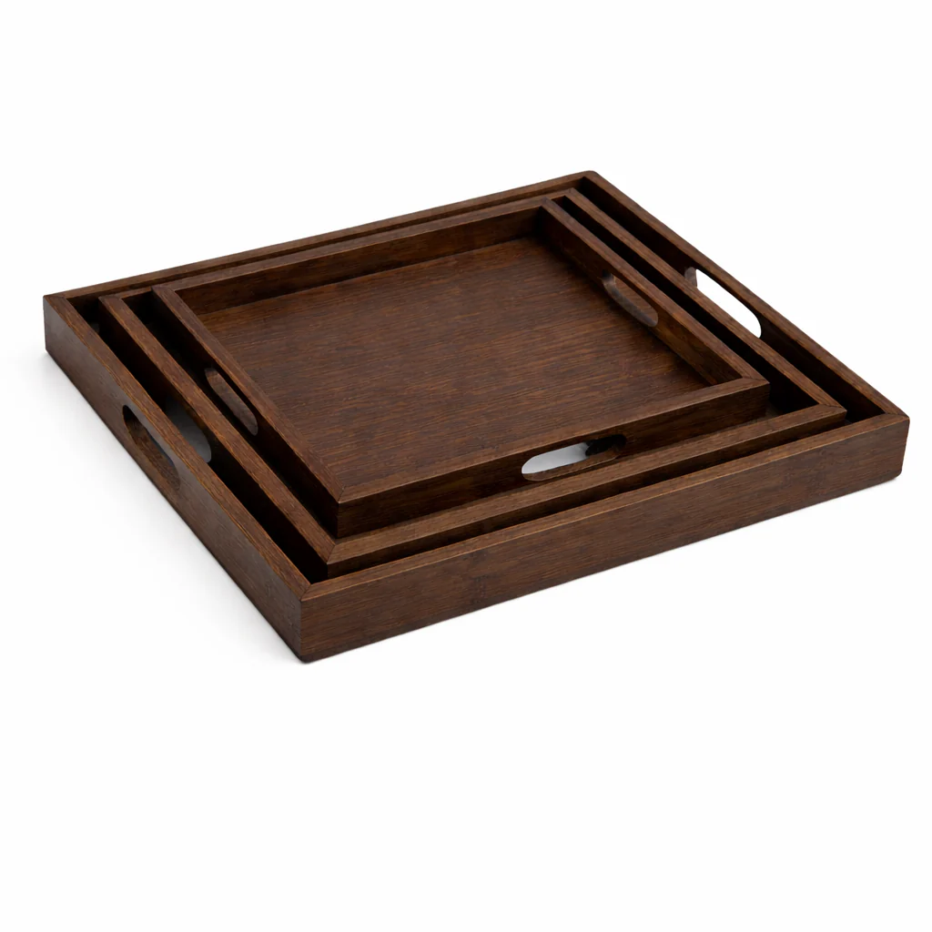 Premium Wooden Serving Tray Set (3 PCS) – Nested Bamboo Trays with Handles for Kitchen, Dining & Home Décor (Light, Dark & Black Variants) - Image 3