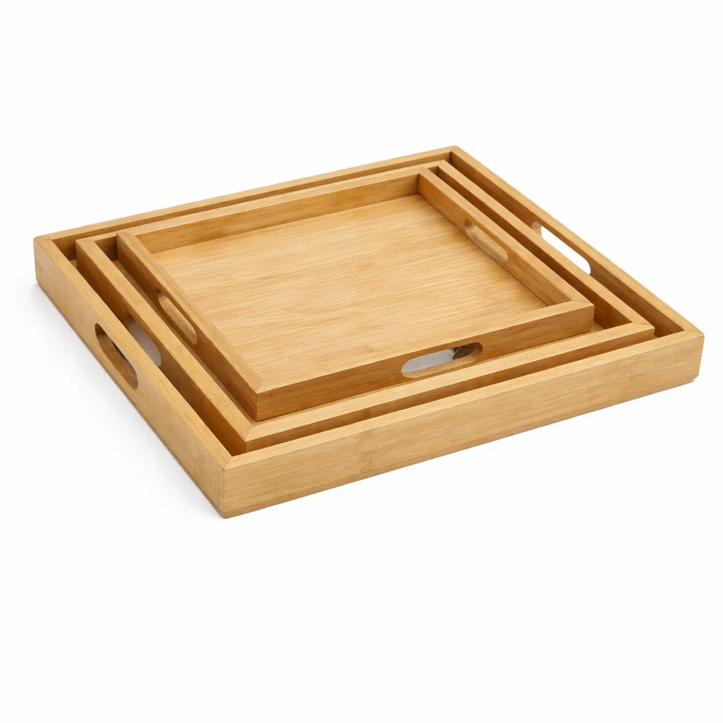 Premium Wooden Serving Tray Set (3 PCS) – Nested Bamboo Trays with Handles for Kitchen, Dining & Home Décor (Light, Dark & Black Variants) - Image 4