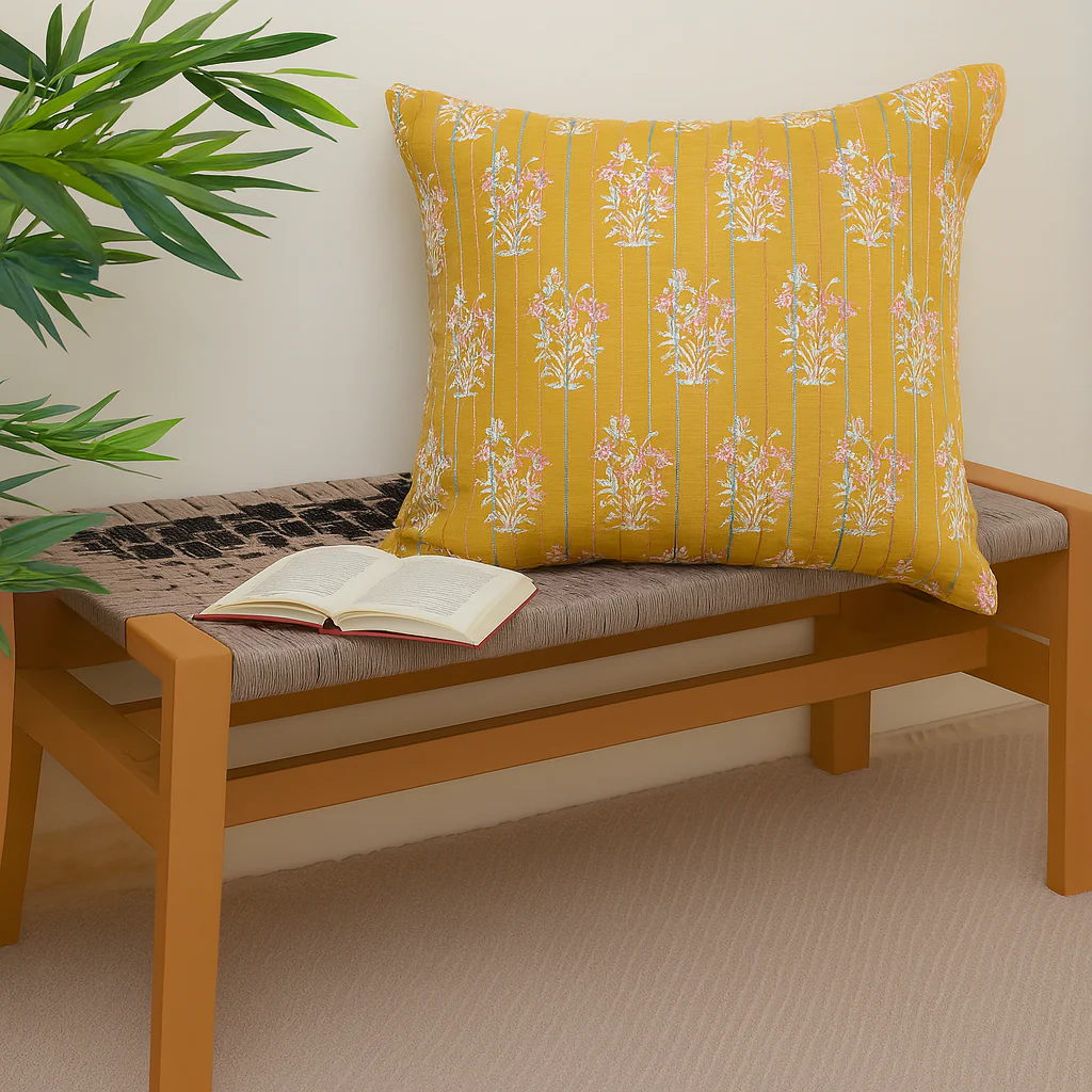 Rang Mahal Cushion Cover 18x18 – Mustard Yellow Cotton Embroidered Floral Throw Pillow