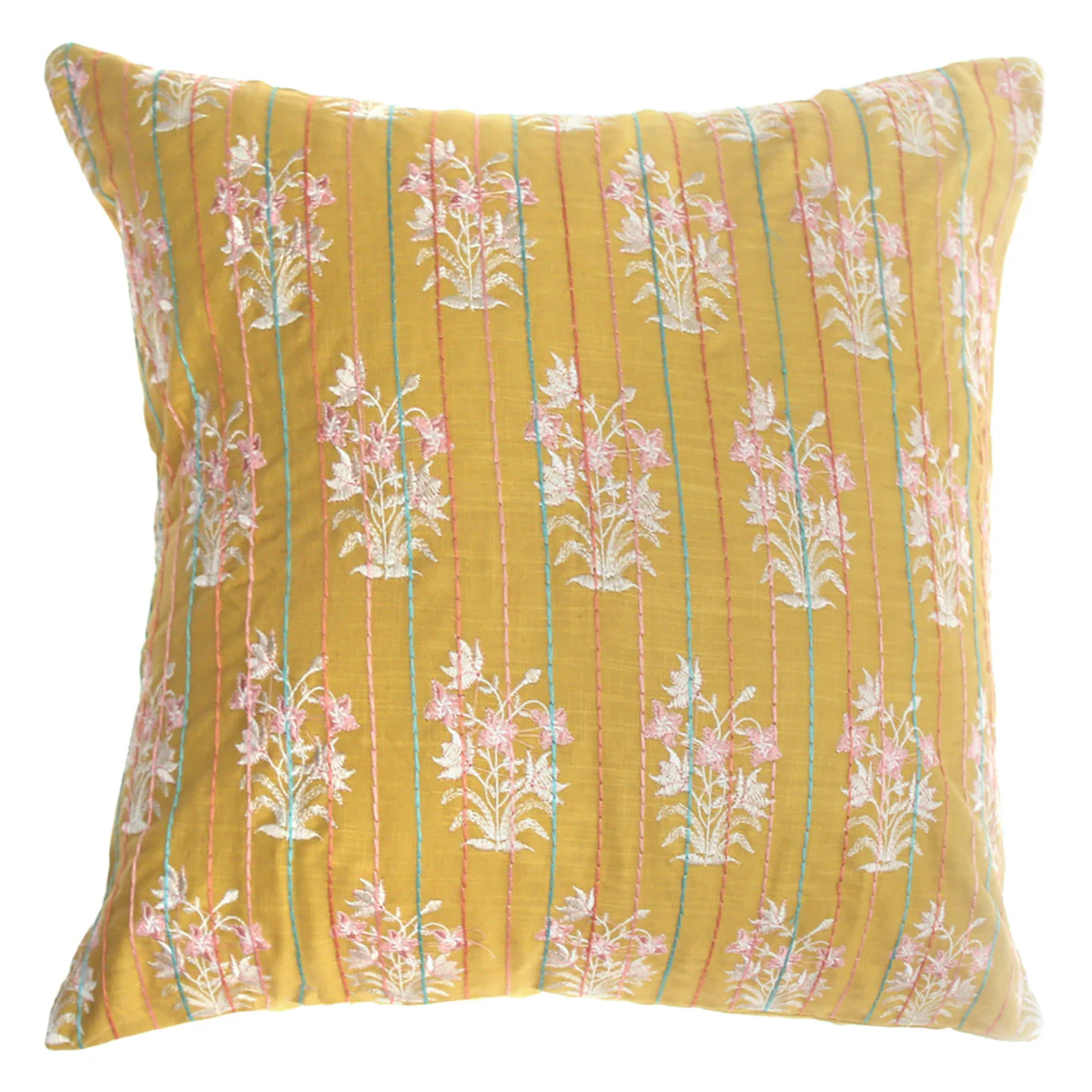 Rang Mahal Cushion Cover 18x18 – Mustard Yellow Cotton Embroidered Floral Throw Pillow - Image 2