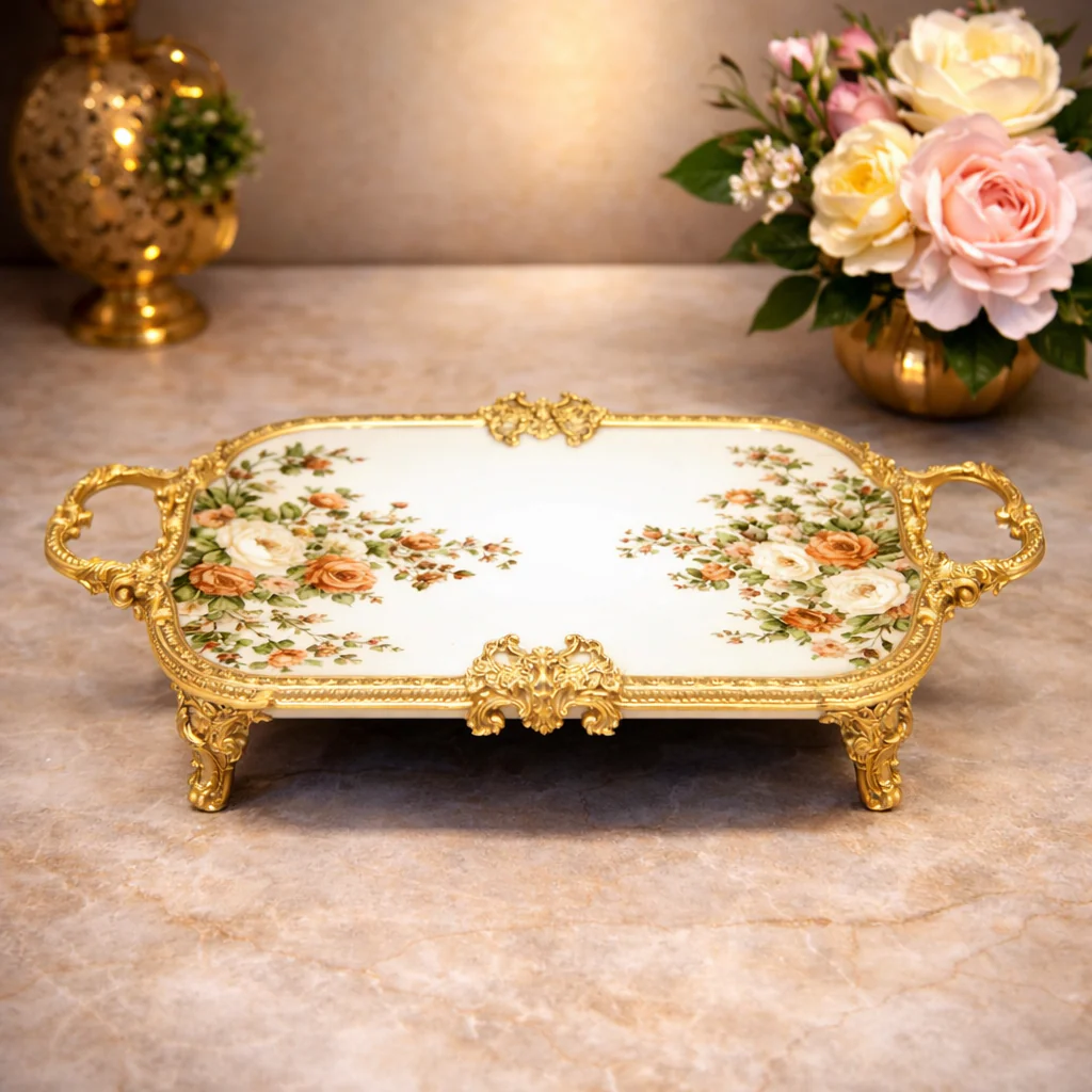 Rect Flat Tray – Elegant Floral Decorative Serving Platter with Handles