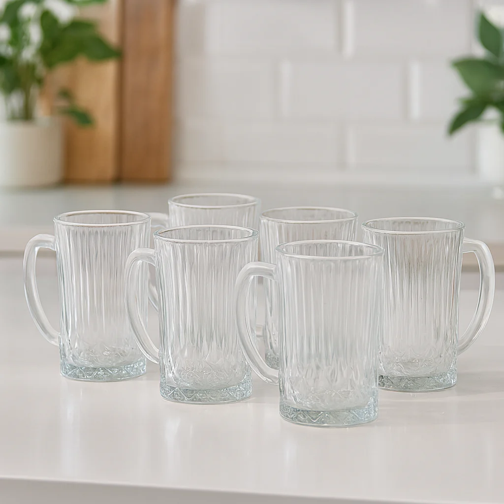 Ribbed Clear Glass Juice Mug 320 ml with Handle – Pack of 6 | Elegant Textured Drinkware for Home & Café