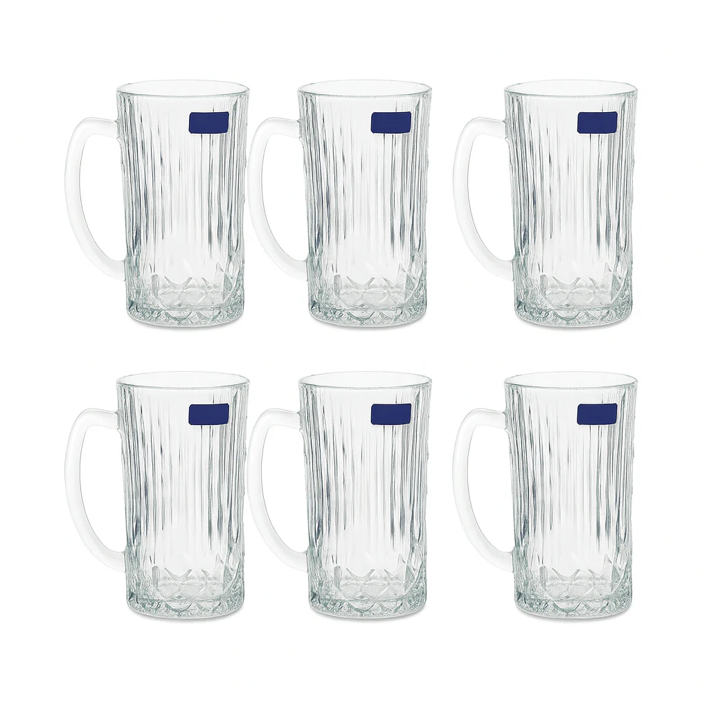 Ribbed Clear Glass Juice Mug 320 ml with Handle – Pack of 6 | Elegant Textured Drinkware for Home & Café - Image 2