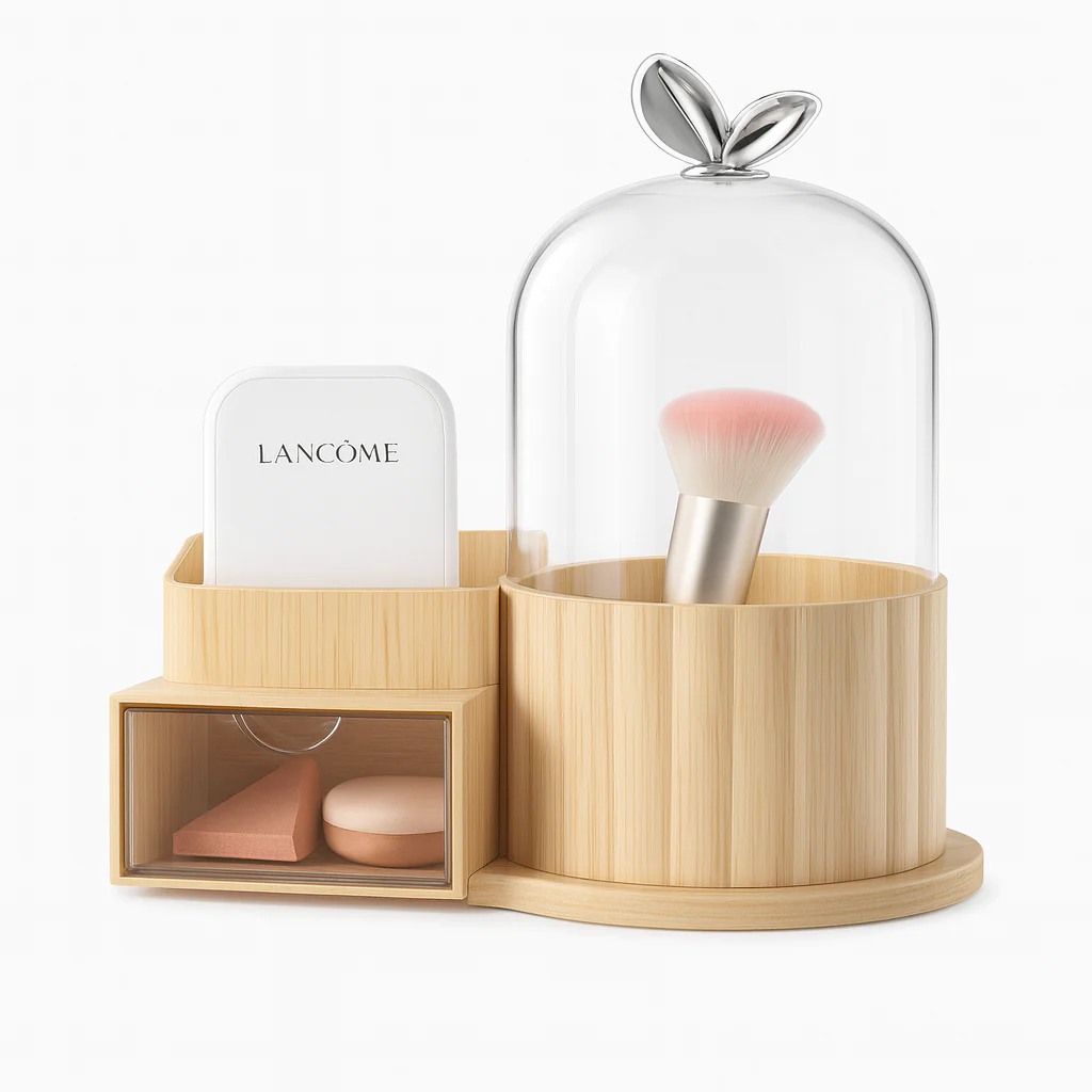 Rotating Cosmetic Brush Holder with Dust-Proof Cover & Storage Drawers – Makeup Organizer for Vanity & Dressing Table