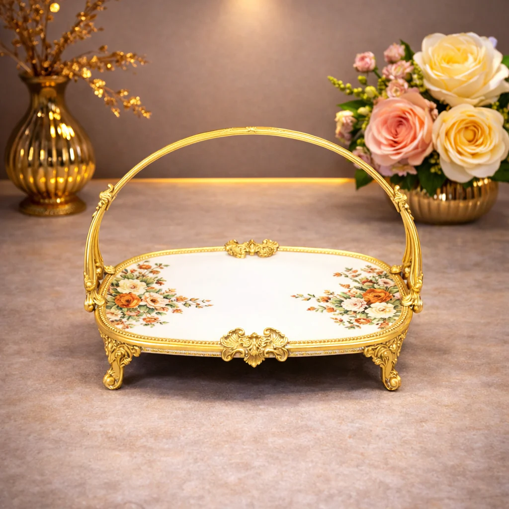Round Flat Basket Tray – Elegant Floral Serving Tray with Handle