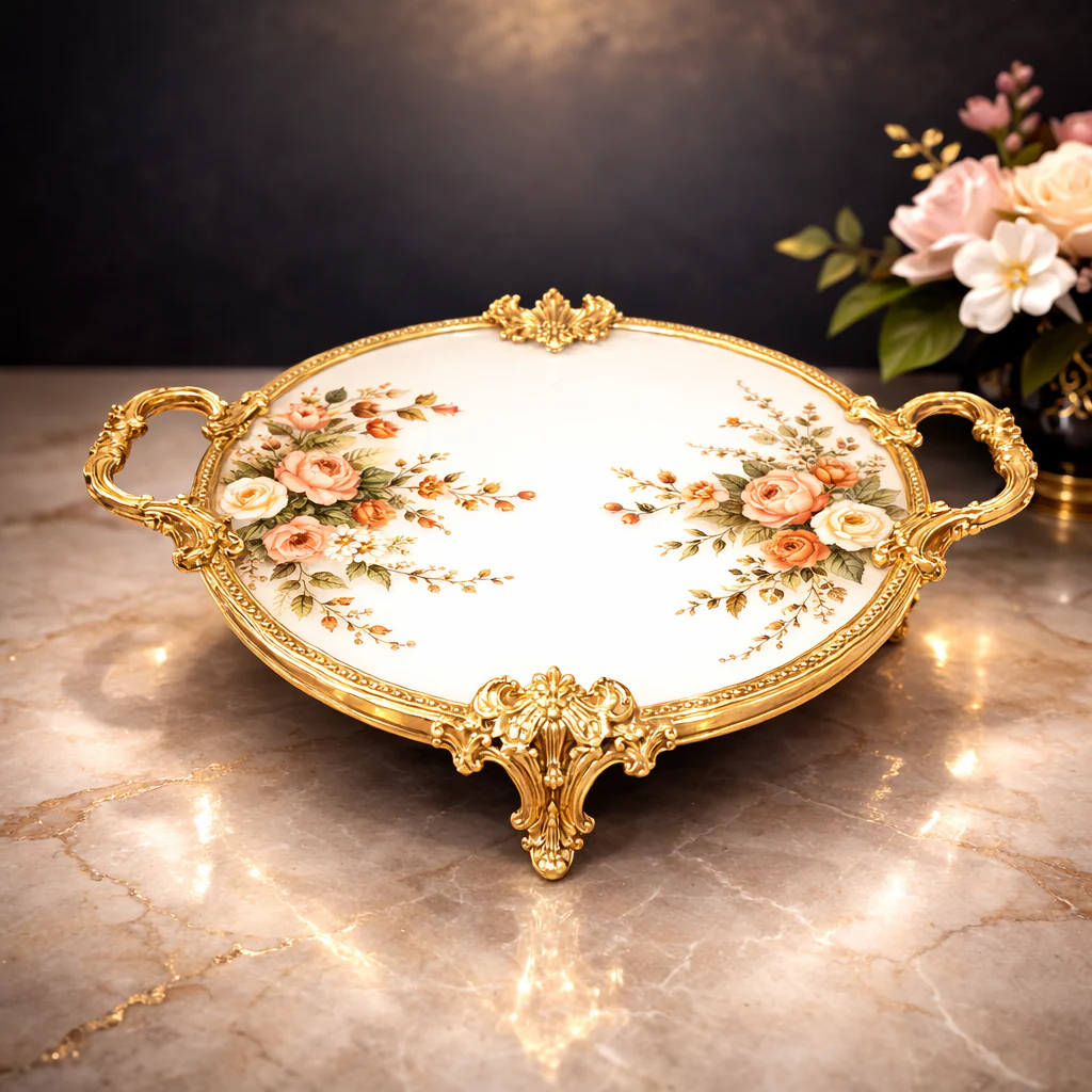 Round Flat Tray – Elegant Floral Decorative Serving Platter with Handles