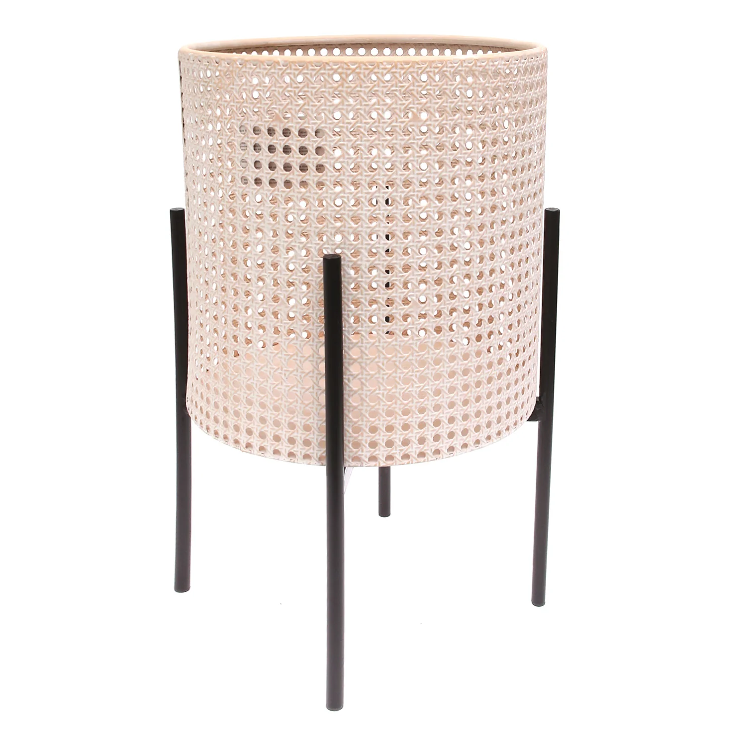 Round Hole Planter White & Beige – Large Decorative Cane-Style Pot with Stand