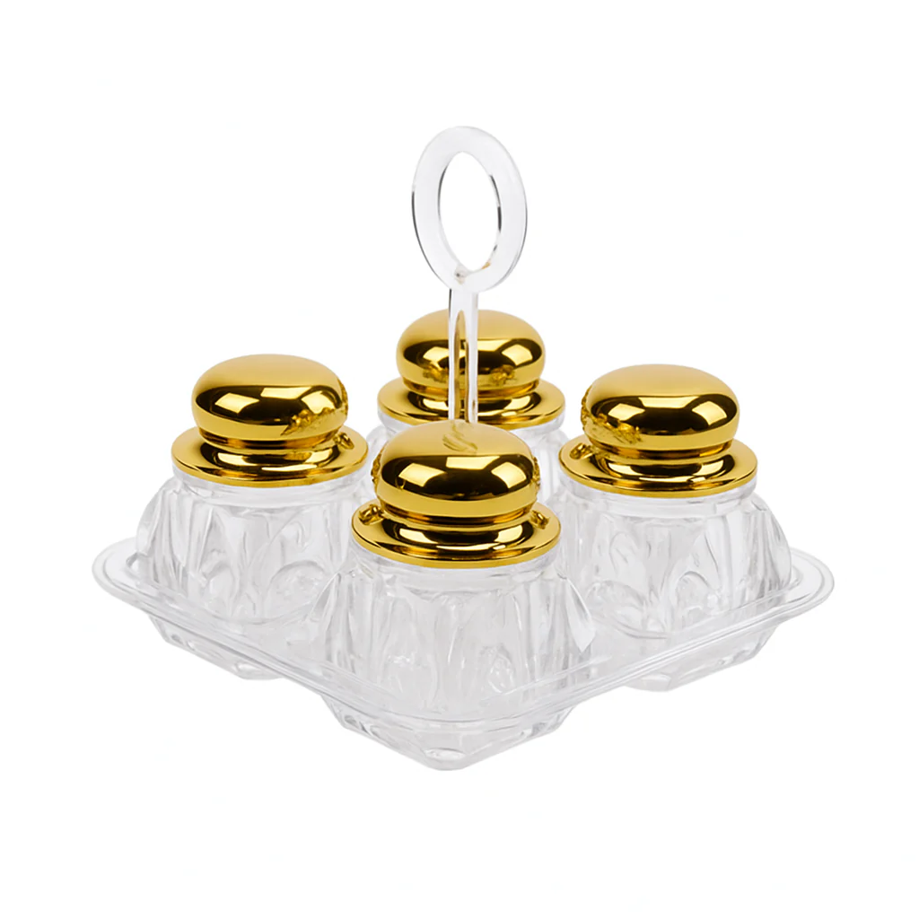 Salt & Pepper Cruet Set – 4 Pcs Acrylic with Rose Gold, Gold & Silver Lids - Image 3