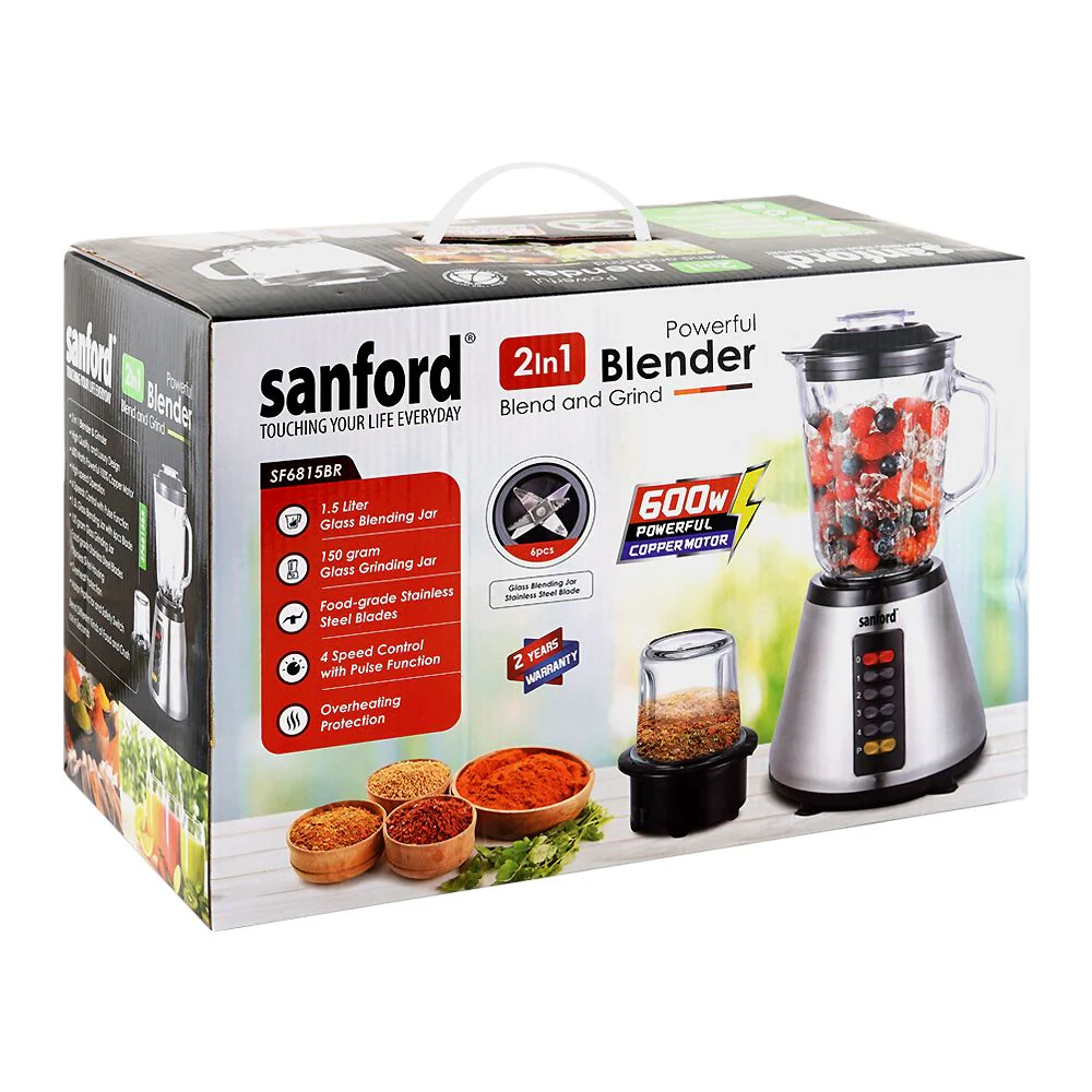 Sanford 2-In-1 Blender & Grinder 600W, 1.5 Liter Glass Jar with Pulse Control – Stainless Steel Housing (SF-6815BR) - Image 2