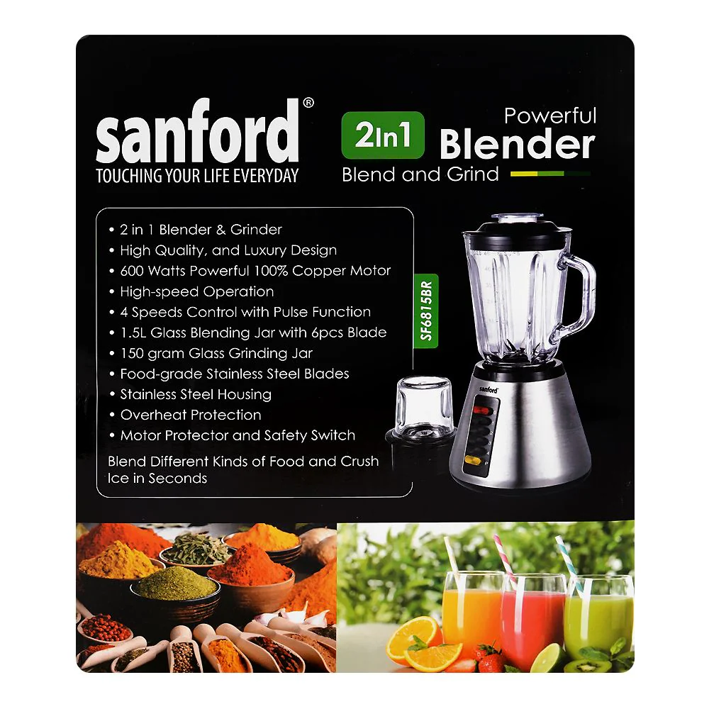 Sanford 2-In-1 Blender & Grinder 600W, 1.5 Liter Glass Jar with Pulse Control – Stainless Steel Housing (SF-6815BR) - Image 3