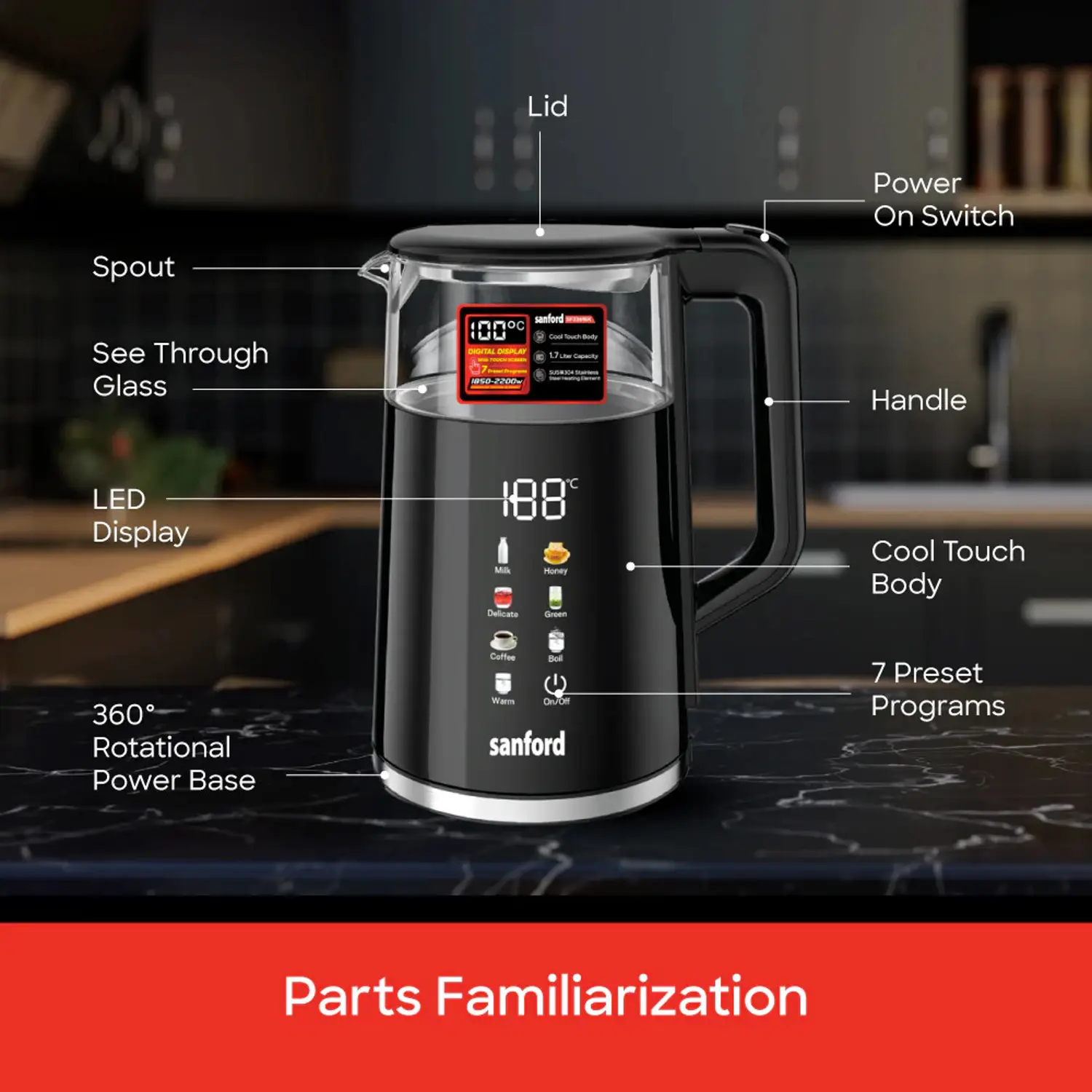 Sanford Digital Electric Kettle 1.7L – Model SF3361EK | Touch Screen Smart Kettle - Image 2