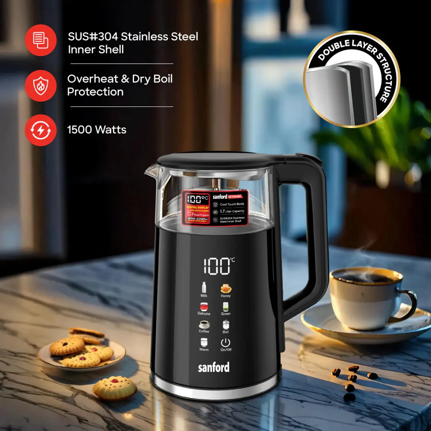 Sanford Digital Electric Kettle 1.7L – Model SF3361EK | Touch Screen Smart Kettle - Image 4