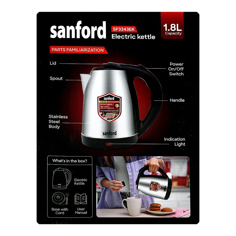 Sanford Electric Kettle 1500W Stainless Steel with Auto Shut-Off & Indicator Light – 1.8L Capacity (SF-3343EK) - Image 3