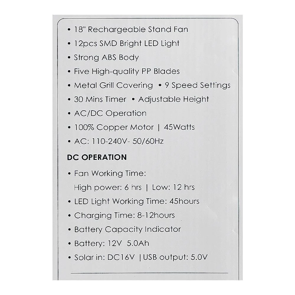 Sanford Rechargeable Stand Fan 18 Inch with Remote Control, LED Light & 9 Speed Settings – Powerful Cooling Fan (SF6600RSFN) - Image 3