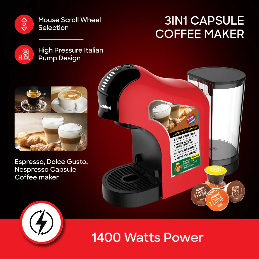 SANFORD SF1384CM 1400 W 3-in-1 Capsule Coffee Maker – High-Pressure Italian-Pump Espresso Machine with 1 L Tank - Image 4
