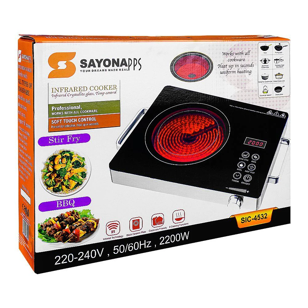 Sayona Infrared Cooker 2200W with Digital LED Display & Stainless Steel Body – Polished Black Crystal Plate (SIC-4532) - Image 2