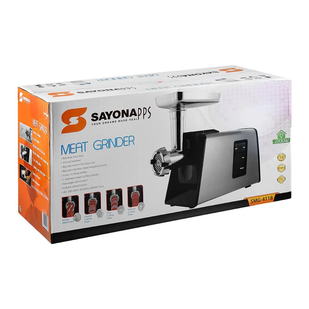Sayona PPS Meat Grinder 2200W Heavy-Duty Electric Meat Mincer with Reverse Function – Stainless Steel Body (SMG-4118) - Image 2