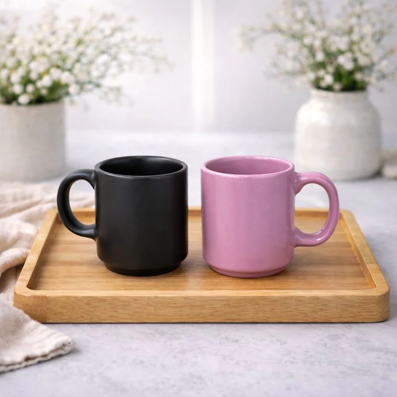 Set of 2 Mini Ceramic Coffee Mug Black & Pink Color Cups | Modern Tea & Coffee Mug Set