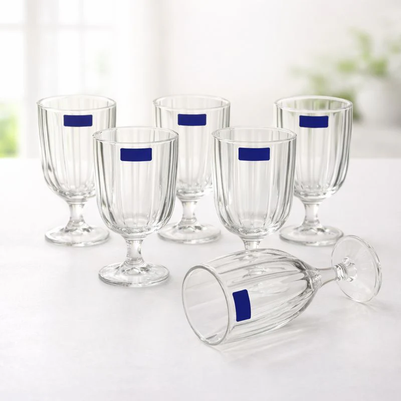 Set of 6 Clear Ribbed Glass Goblets – Elegant Stemmed Drinking Glasses for Water, Juice