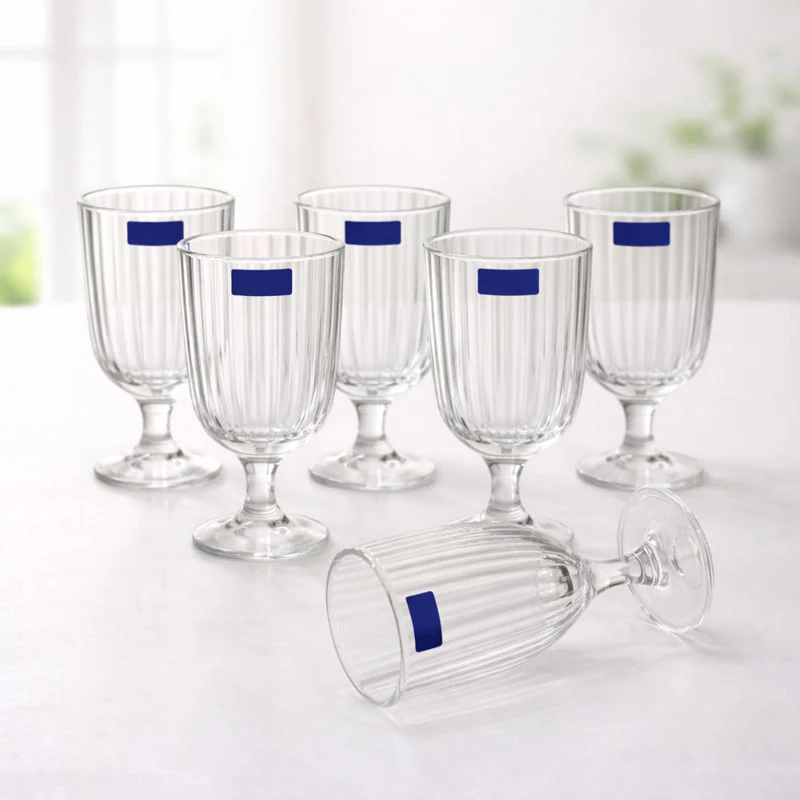 Set of 6 Clear Ribbed Glass Goblets – Elegant Stemmed Drinking Glasses for Water, Juice