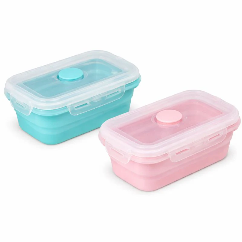 Silicone Foldable Food Container Square – Blue & Pink (Small & Large) | Space-Saving Lunch Box - Image 2